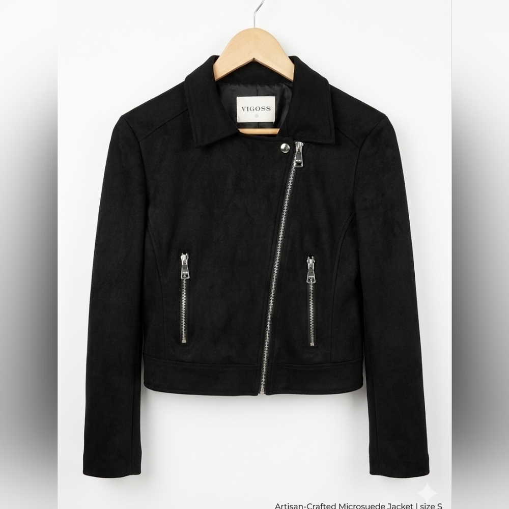 Vigoss Black Faux Suede Moto Jacket - Asymmetrical Zip - Size XS - VC-J00097A